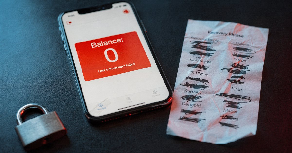A phone on a dark desk showing a crypto wallet with a zero balance next to a paper of crossed-out recovery words