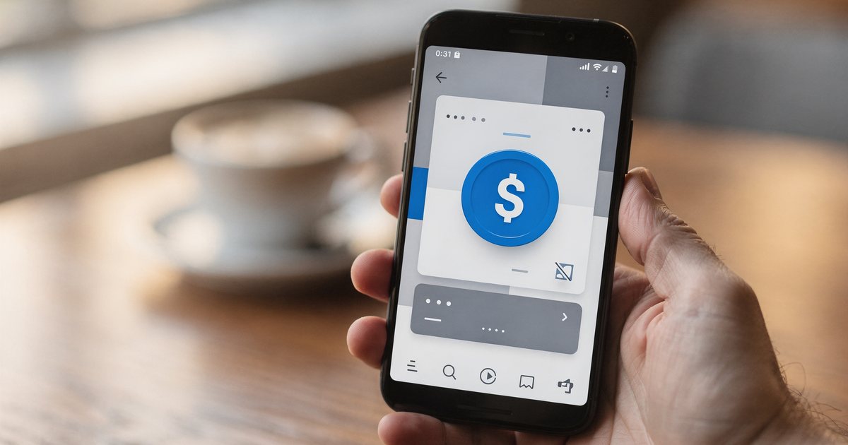 A hand holding a smartphone with a digital wallet app showing a blue dollar coin, at a cafe table