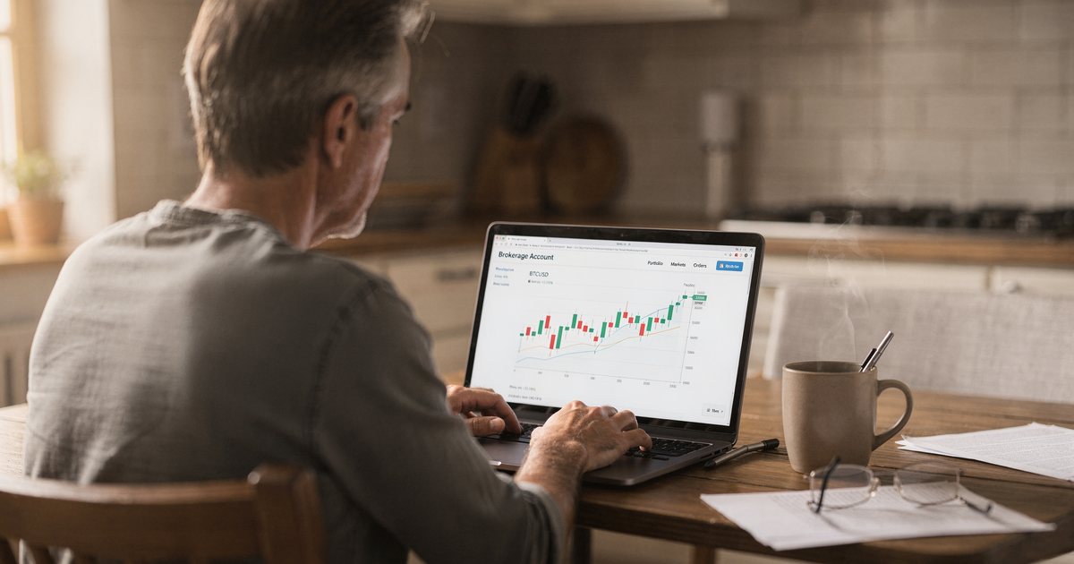 A person at a kitchen table in morning light looking at a bitcoin price chart on a laptop