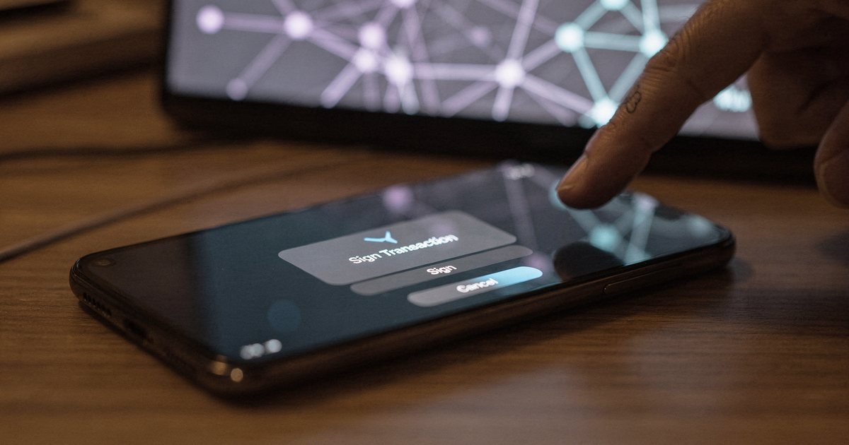 A phone on a desk showing a crypto wallet pop-up asking to sign a transaction, with a finger hovering above it