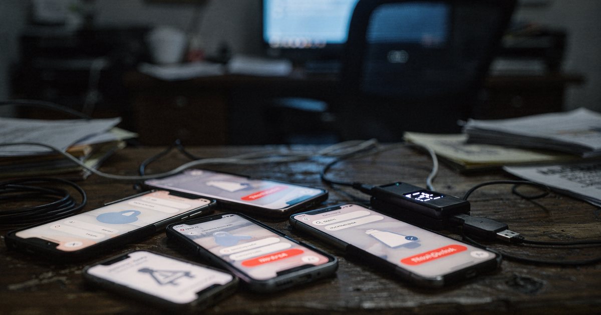 A dim back-office desk at night with several phones showing a task app and a red balance, an open black hardware wallet beside them