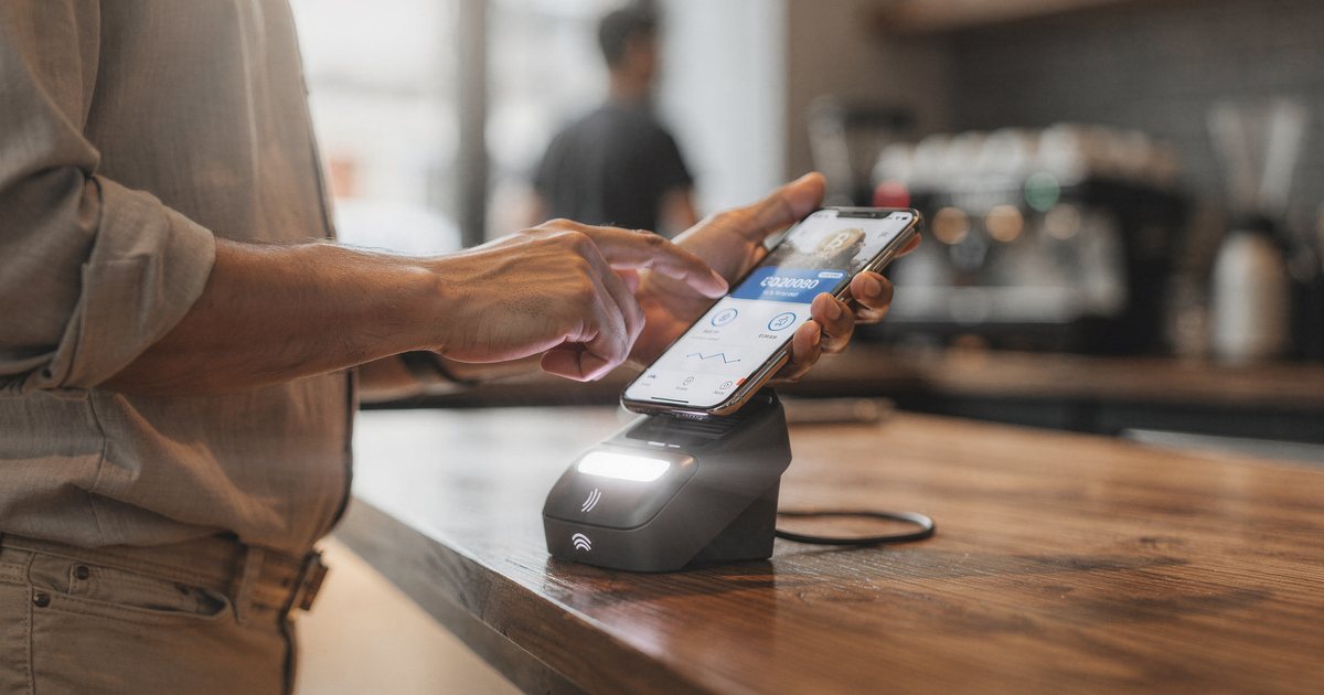 A person tapping a phone with a crypto wallet app on a card terminal at a cafe counter