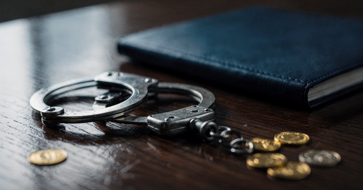 Steel handcuffs resting on a dark polished wooden courtroom table beside a closed navy folder, a few gold coins at the edge of the frame
