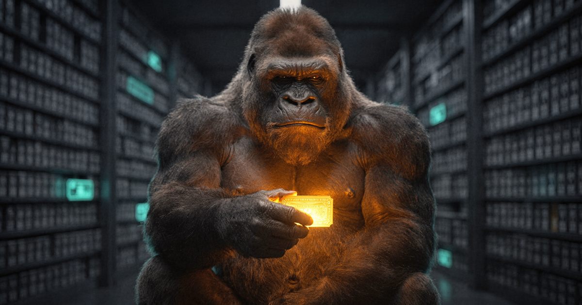 A silverback gorilla holding a single glowing golden ticket in a dark vault lined with thousands of dull ones