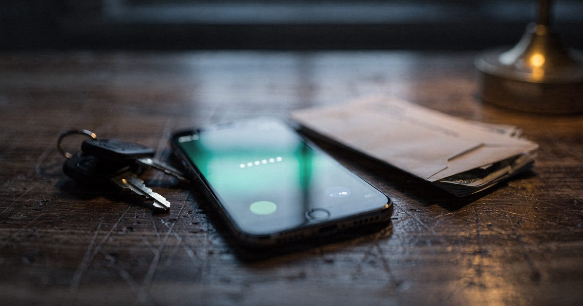 A smartphone face up on a kitchen table showing an incoming call labeled Sheriff's Office, a set of car keys and a bank envelope of cash beside it, lit by a dim window