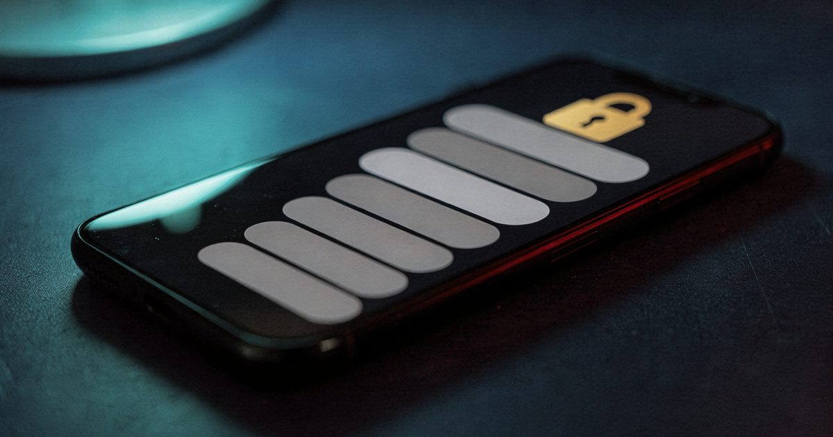 A smartphone on a dark desk showing a group chat flooded with identical gray message bubbles, a small gold padlock icon glowing at the top of the screen
