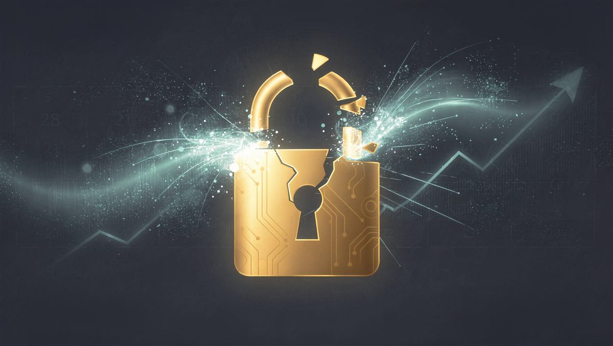 Abstract illustration of a digital lock releasing light particles