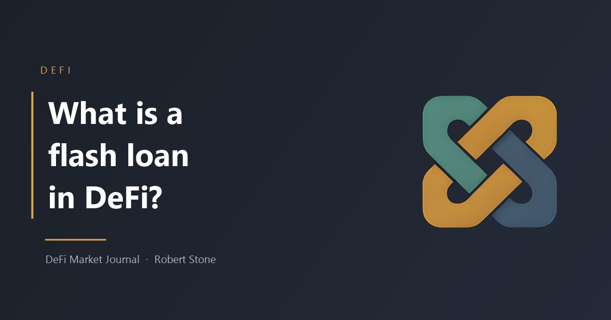 Title card reading What is a flash loan in DeFi, with the DeFi Market Journal knot logo