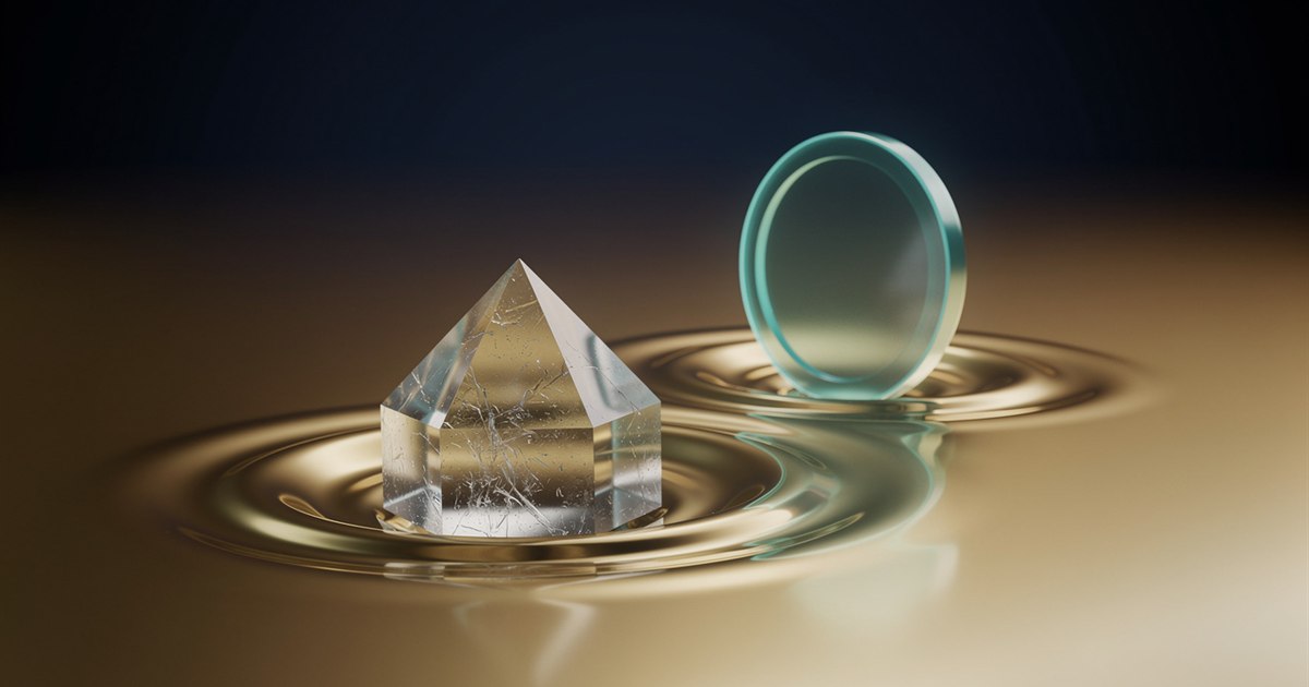 Illustration of a crystal resting in a pool of liquid gold beside a glowing teal token
