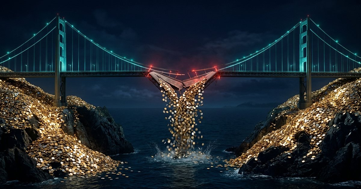 A glowing steel bridge between two dark islands of coins, with a gap in the middle span and coins spilling into the water below