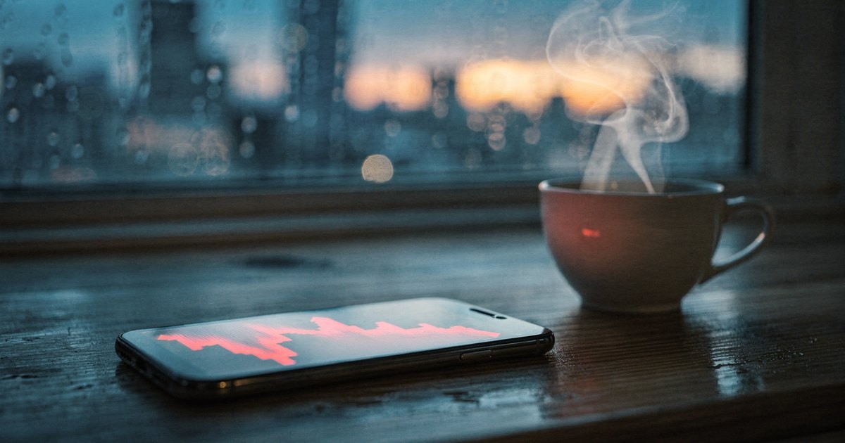 A phone showing a falling red market chart on a wet wooden counter beside a steaming cup of coffee, with a rainy city window at dawn behind it